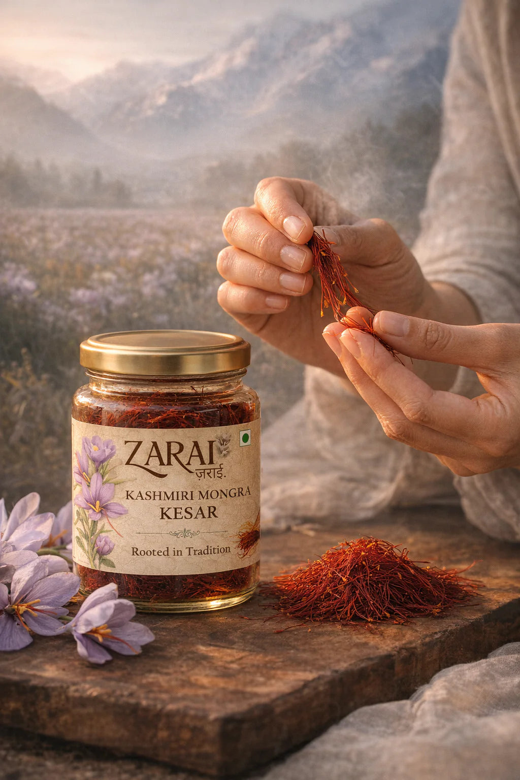 Zarai Kashmiri Mongra Kesar — premium Grade A saffron threads in a box