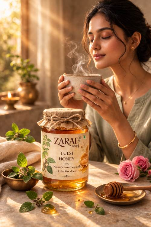 Woman holding a steaming cup with a jar of Zarai Tulsi Honey on a table with flowers and plants.